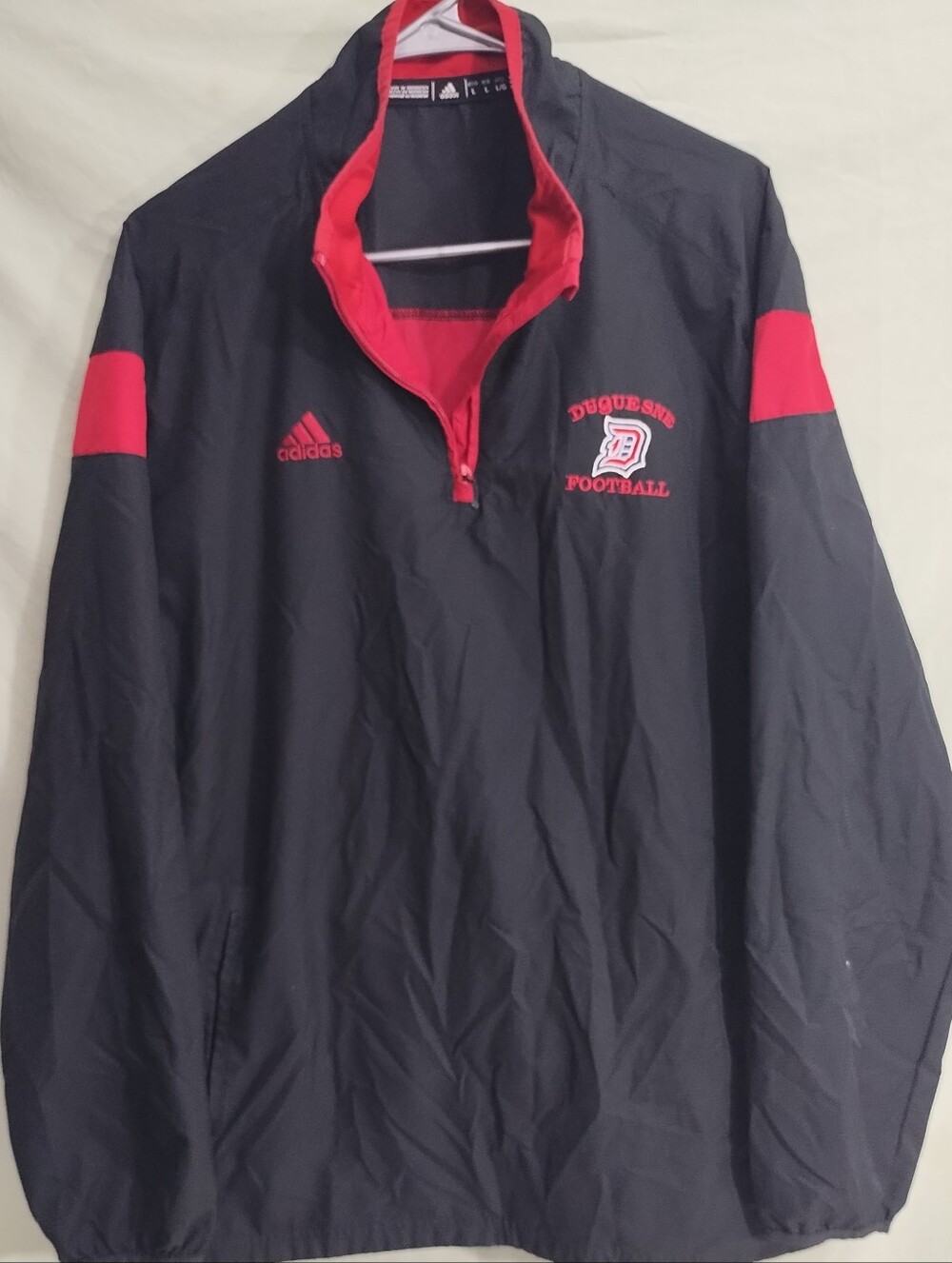 adidas Black and Red Duquesne Football Pullover Windbreaker